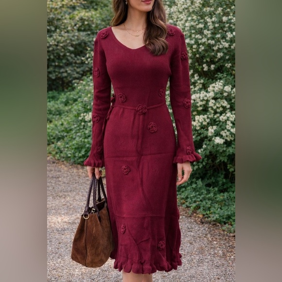 Dalia Macphee Dresses & Skirts - Dalia MacPhee Burgundy Sweater Dress Floral Crochet Long Sleeve Midi Size Large